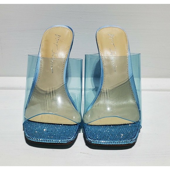 New Betsey Johnson Banks Champagne Blue Rhinestone Clear Toe Slide Heels Wmn 6.5 - Picture 2 of 6